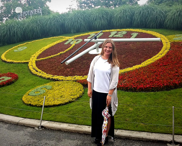 Hanne Haavik by the famous "Flower Clock" in Geneva, where she did an internship with World Health Organization