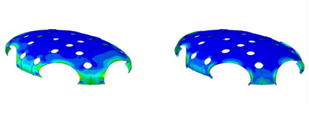 Concrete thin-shell model. Leftmost picture has no edge beams, rightmost has edge beams. Illustration: NTNU/Anders Rønnquist.