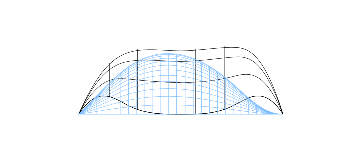 Front view of a shell showing the influence of changing boundary condition on the funicular shape using the genetic algorithm approach. Illustration: NTNU/Marcin Luczkowski.