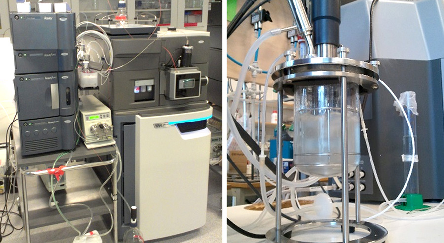 Core instrumentation: mass spectrometers and bench-top bioreactors. Photo