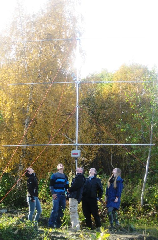 The research group under one of the SKiYMET meteor radar receiver antennas. Photo: Rob Hibbins