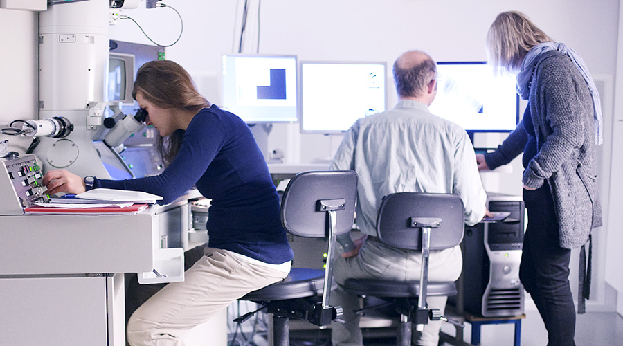 Researchers in the TEM lab