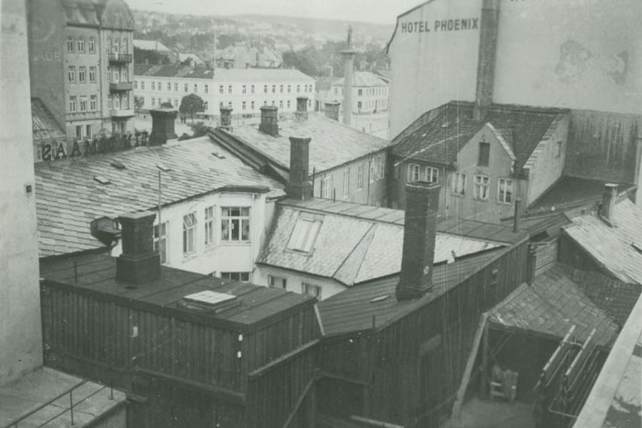 Roofs of old, wornout houses behind Hotel Phoenix, 1930's -1950's.