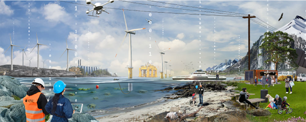Illustration with wind turbines, water and two people. Link to NTNU Team Smartgrid webpage.
