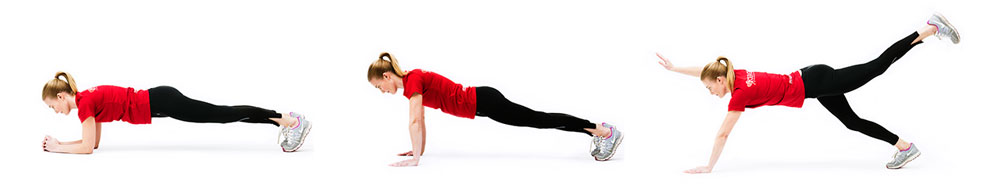 Woman doing the plank on her elbows, followed by woman doing the plank on straight arms and woman doing the plank with oposit arm and leg off the ground