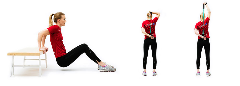 Woman doing triceps dips, than woman doing tricems with elastic band