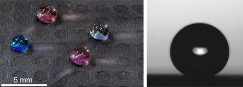 Coloured water droplets on a dimpled superhydrophobic surface and closeup of the droplet-wire interface