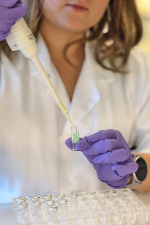 Researcher dispensing sample with a pipette into a LC-MS glass vial.