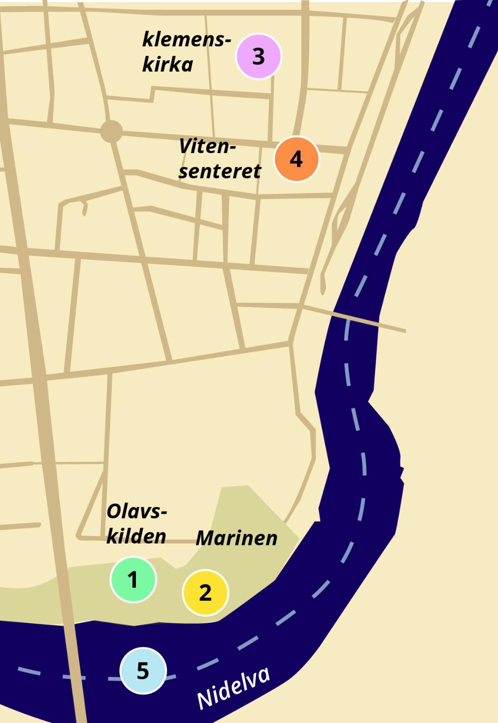 Map with numbers 1-5 for each art project location