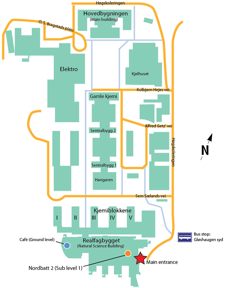 Nordbatt 2 takes place at sub level 1 in Realfagbygget on Gløshaugen Campus, NTNU. Street address: Høgskoleringen 5.