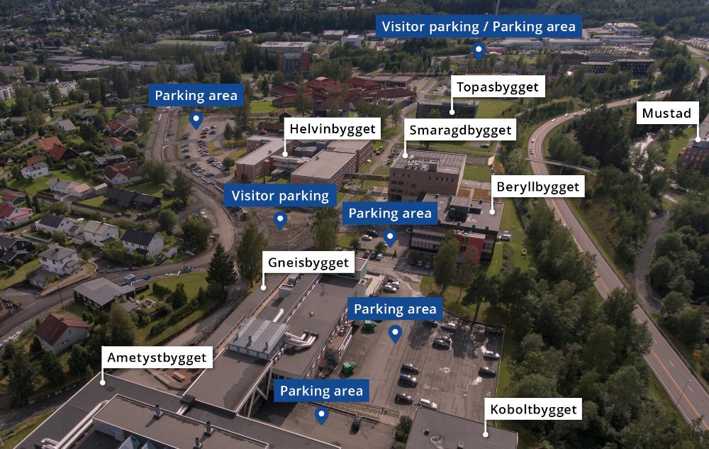 Picture showing an overview of parking areas for student and staff, and parking for visitors