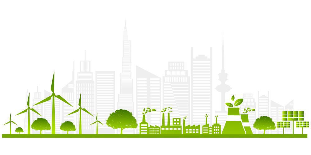 City skyline with green renewable energy icons in front. Illustration.
