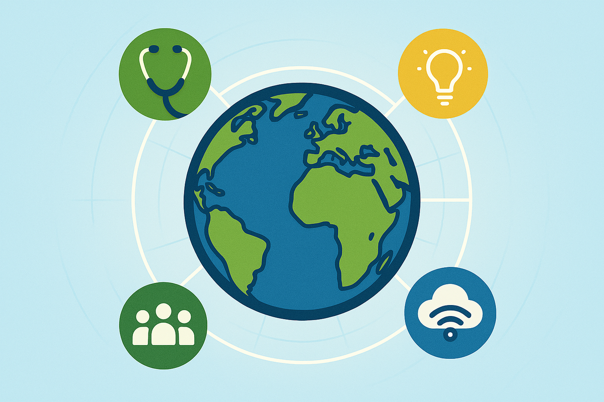 AI-illustration with the globe, and elements that show how growth and social justice can help peoples lives