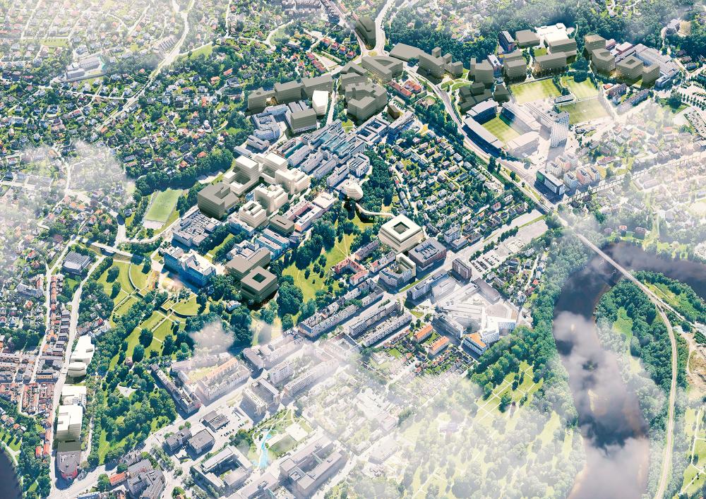 Overview showing buildings in NTNU's unified campus in white and areas for NTNU's campus development in grey.