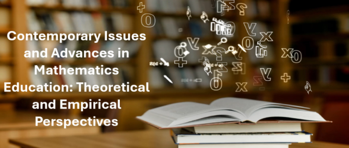 n open book rests on two closed books on a wooden table in a library. The background shows blurred bookshelves. Mathematical symbols and letters appear to float above the open book. Text on the left reads: 'Contemporary Issues and Advances in Mathematics Education: Theoretical and Empirical Perspectives.'Foto