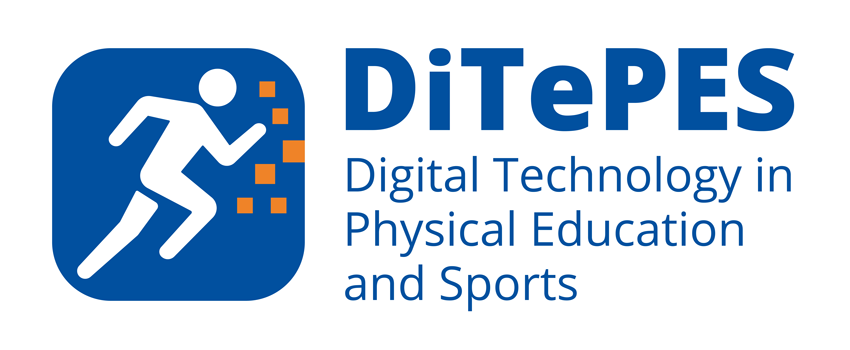 Logo for the DiTePES project, showing a stylized running figure with digital pixel squares and the text ‘DiTePES – Digital Technology in Physical Education and Sports’. PNG