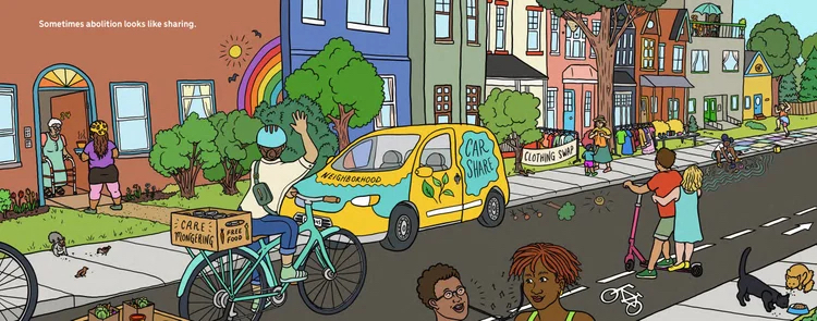A colorful illustration of a lively neighborhood street. People are engaging in community activities such as riding bicycles, walking, and talking. A yellow van labeled 'Car Share' is parked near a sidewalk with a sign reading 'Neighborhood.' Another sign says 'Clothing Swap,' placed near a table with items. There are trees, multi-colored houses, and a rainbow mural on one building. A person on a bicycle carries a box labeled 'Care Mongering – Free Food.' Children are playing with scooters and a black cat is on the sidewalk. PNG