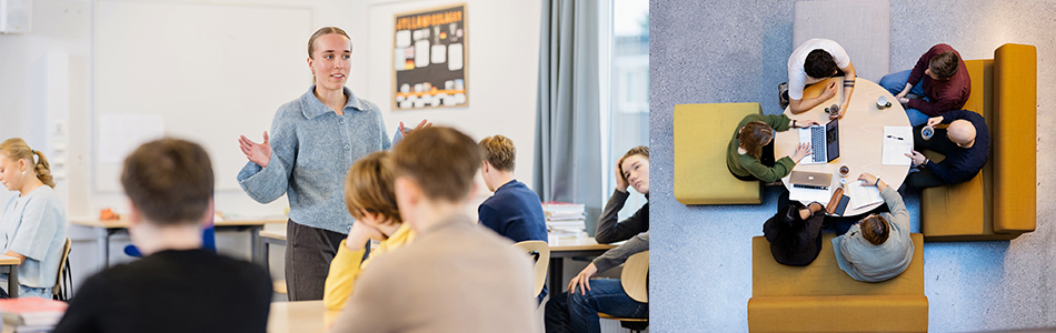 Two scenes related to teacher education: On the left, a classroom setting where a person is standing and speaking to a group of students seated at desks. On the right, a top-down view of six individuals gathered around a round table, working collaboratively with laptops, notebooks, and papers in a modern learning space with cushioned benches. Photo