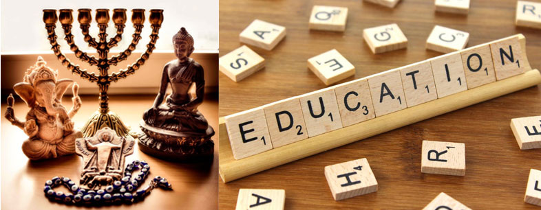 Collage. Religious statues and a candlestick in the middle to the left. Wordpuzzle spelling education to the right. Photo.
