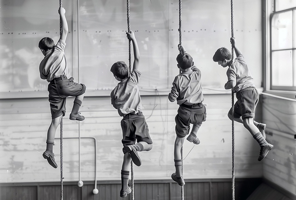 Boys climbing with ropes, gymnastic. Photo