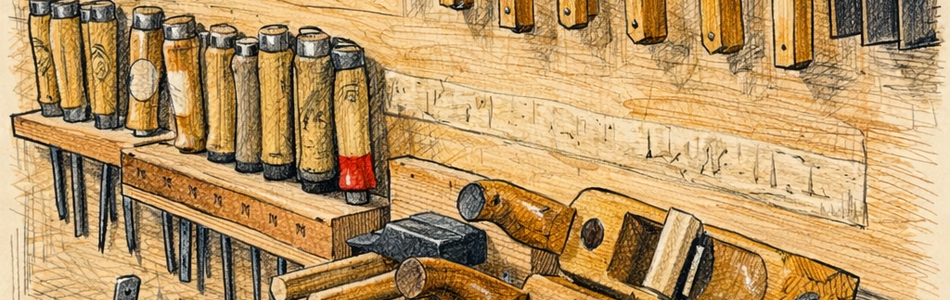 Illustration of woodworking tools, including several chisels and a wooden mallet placed on a workbench and in a tool holder. Photo