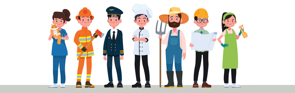Illustration of seven people representing different occupations standing in a row. The individuals are depicted wearing work clothing and carrying equipment associated with a variety of trades and professions. Photo