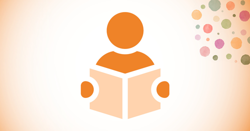 Illustration of a stylized person icon in orange holding an open book in light orange tones. On the left, there are colored dots of various sizes against a light background. PNG.