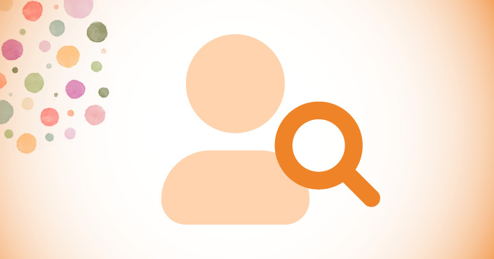 Illustration of a generic person icon in light orange tones, with an orange magnifying‑glass symbol placed in front. To the left, there are colored dots in various sizes. The image has a light, soft background. PNG.