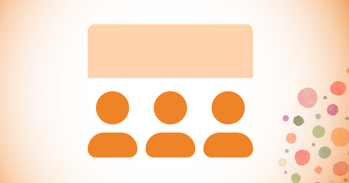 Illustration of three stylized person icons in orange beneath a larger rectangular area. To the right, there are colored dots in various sizes against a light background. PNG.