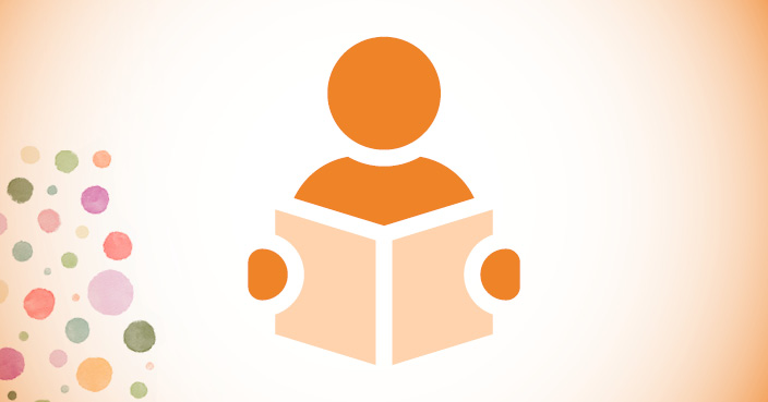 Illustrasjon av et stilisert personikon i oransje som holder en åpen bok i lyse oransje toner. Til venstre er det fargede prikker i ulike størrelser mot en lys bakgrunn. PNG