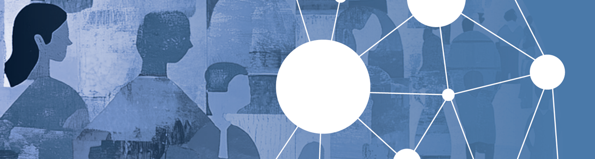 Illustration in blue tones showing silhouettes of people in the background, combined with white circles connected by lines to symbolize networks and connections. Photo.