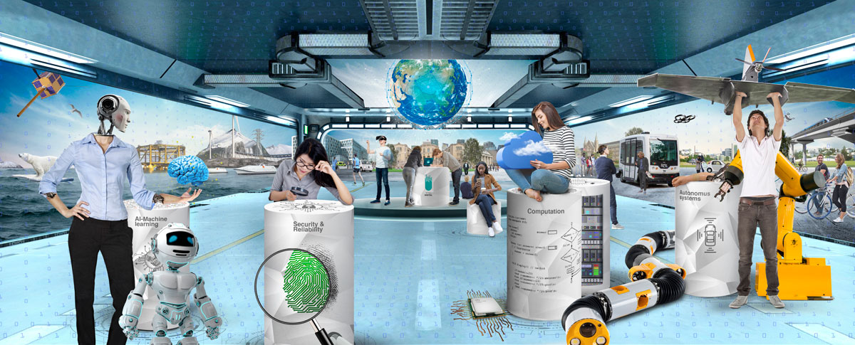 NTNU Digital Illustration showing robots, artificial intelligence and drones