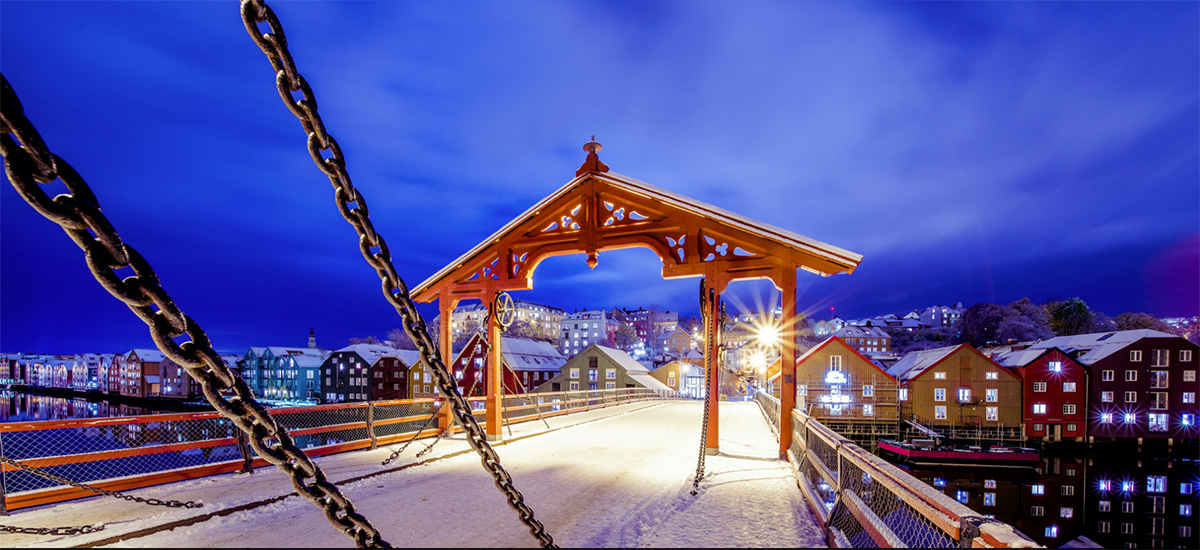 Trondheim by night with snow. Photo