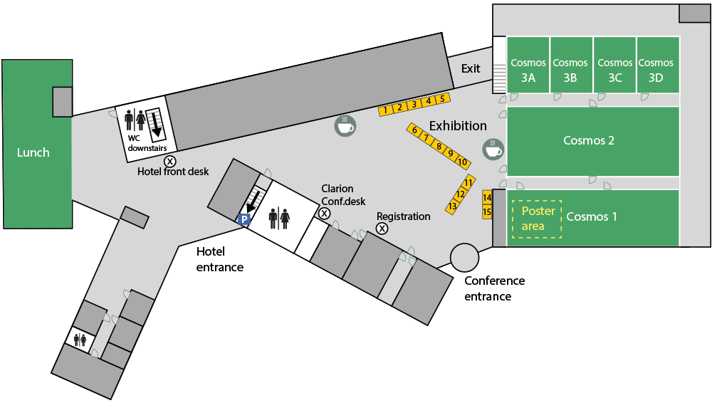 Floorplan with exhibition in the mingling area outside the auditoriums