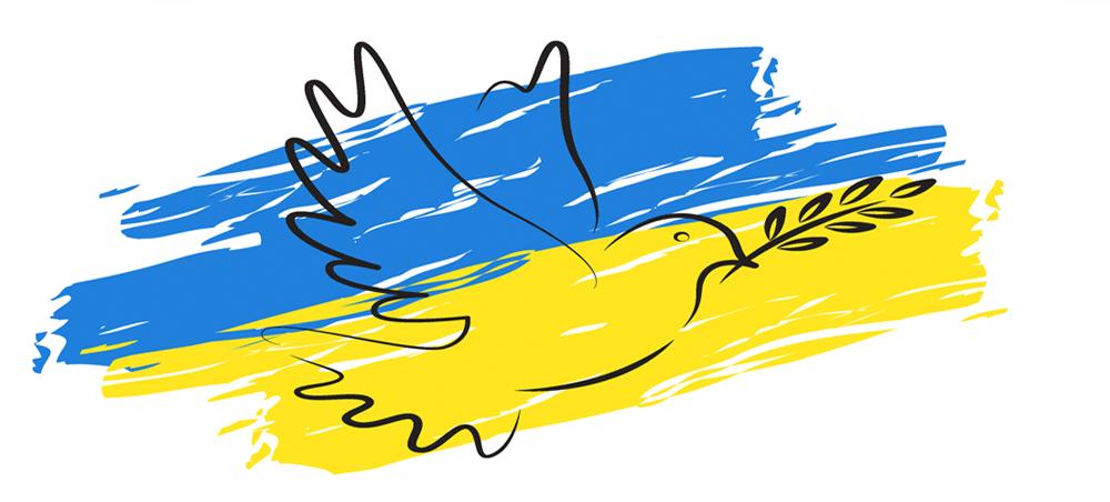 A dove with an olive branch and the colours from the ukrainian flag