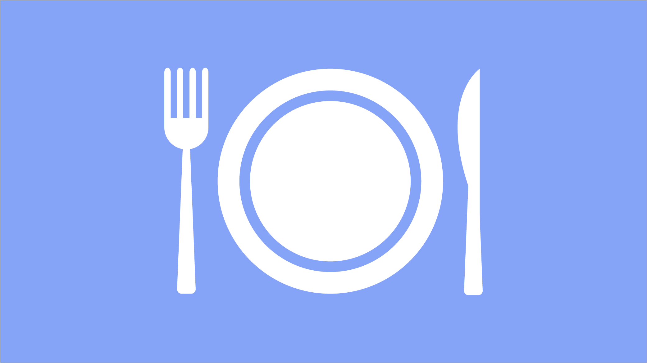 Illustration of plate, knife and fork in white on light blue bakcground