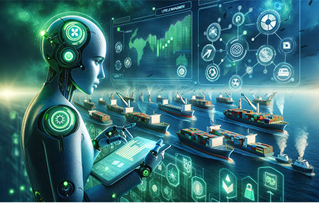 Human like robot in front of 3D screen with different ships - planning. AI-generated illustration