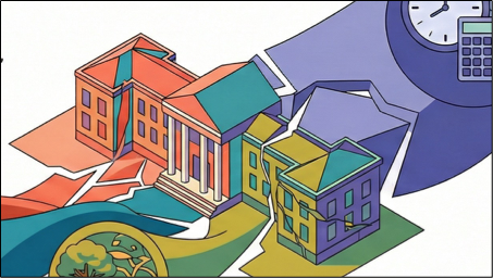 An illustration of a university building with different colours, seen from above
