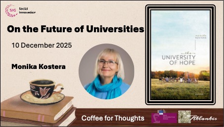 Collage with portrait of Monica Kostera, a coffee cup on the left and a frame with a picture inside with the text Univesity of Hope