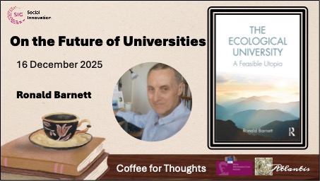 Portrait of Ronald Barnett, coffee cup on the left and a frame with the text The Ecological University on the right