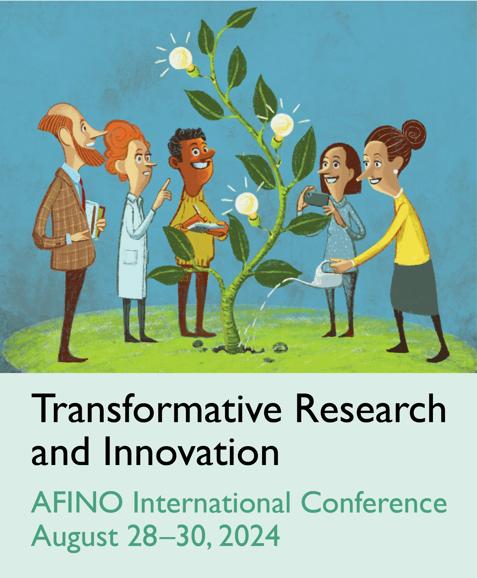 Banner with illustration and text: "Transformative Research and Innovation, AFINO International Conference, August 28-30, 2024"