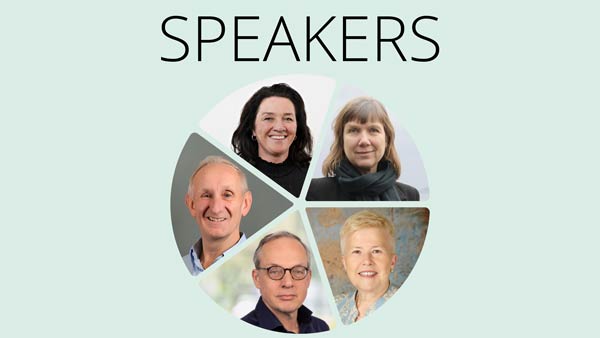 Graphic illustration with photos of some of the speakers at the conference