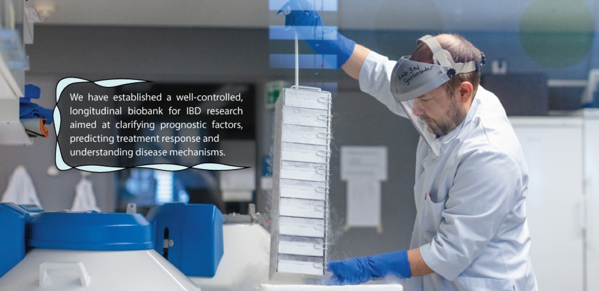 Researcher in lab. Text on photo: We have established a well-controlled, longitudinal biobank for IBD research aimed at clarifying prognostic factors, predicting treatment response and understanding disease mechanisms.