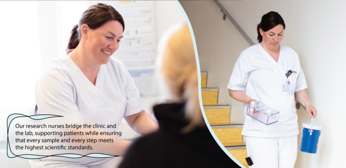 Researcher at work illustrations. Text on photo: Our research nurses bridge the clinic and thelab, supporting patients while ensuring that every sample and every step meets the highest scientific standards.