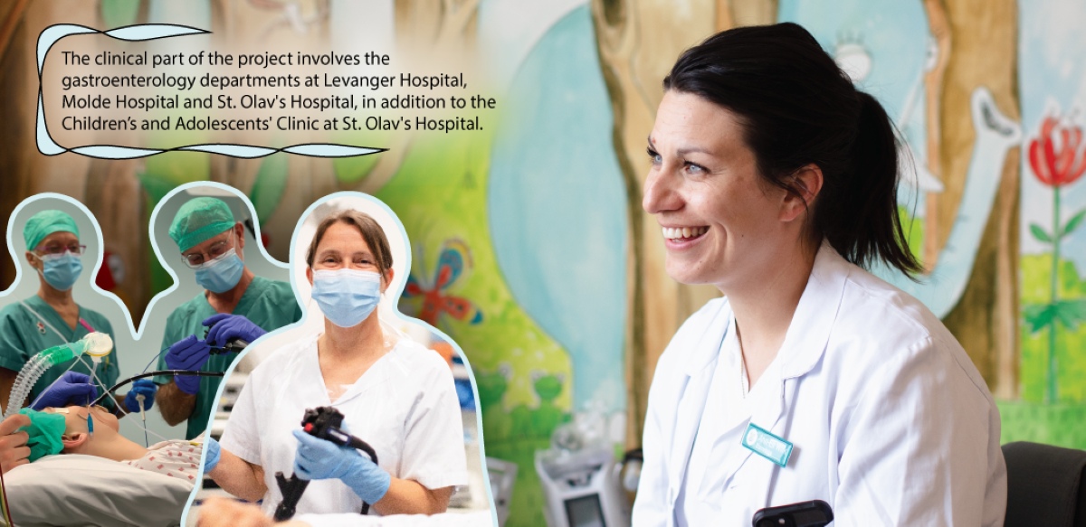 Professionals in the clinic. Text on photo: The clinical part of the project involves the gastroenterology departments at Levanger Hospital, Molde Hospital and St. Olav's Hospital, in addition to the Children's and Adolescents' Clinic at St. Olav's Hospital.