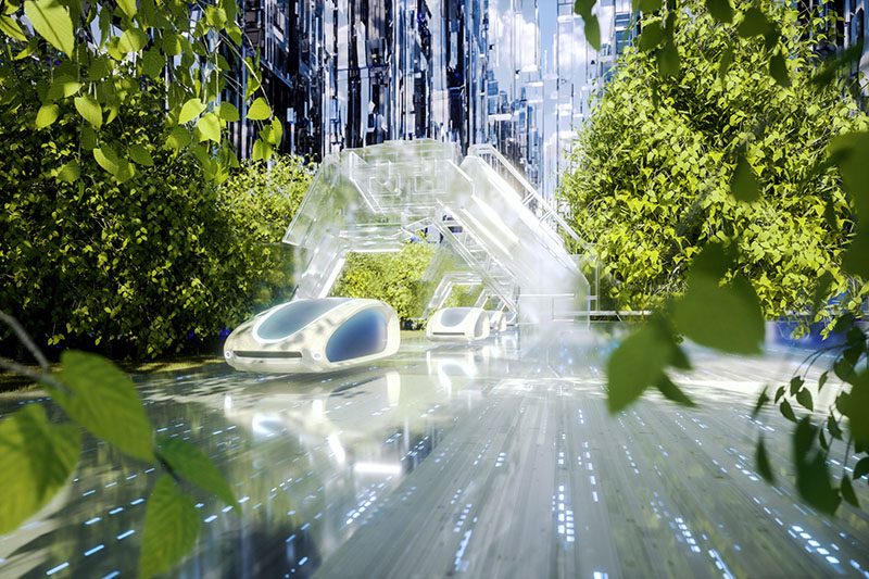 Futuristiske biler på elv med grønne trær rundt