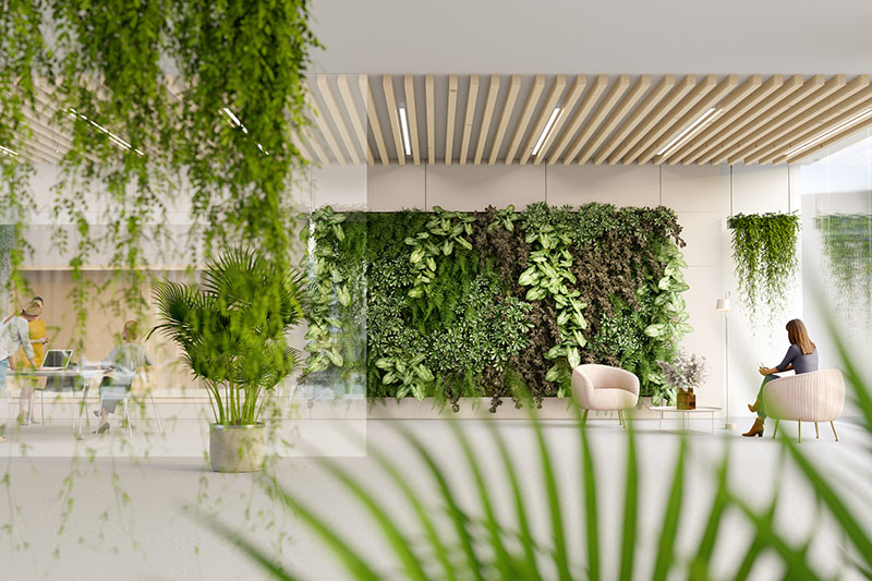 kontorbygning med grønn beplantning på vegger og tak