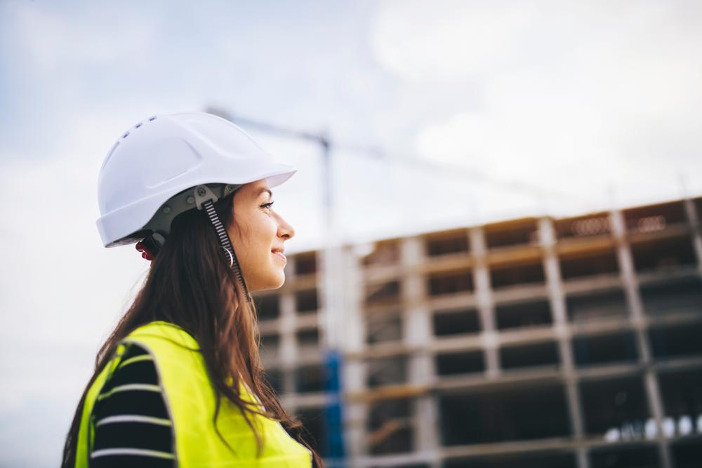 Woman with helmet in front of construction site
