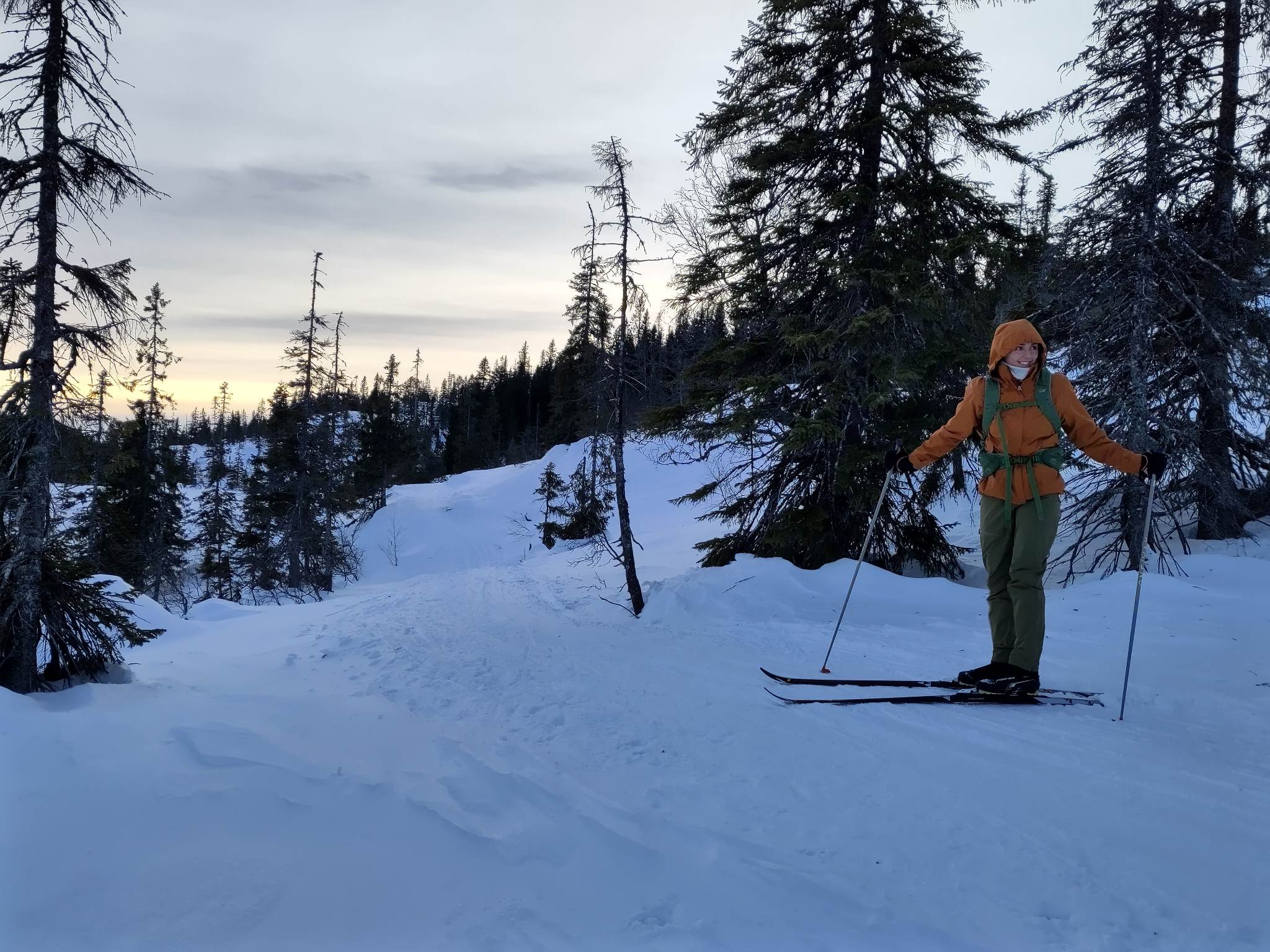 Person standing on skies outside in the snow. Photo