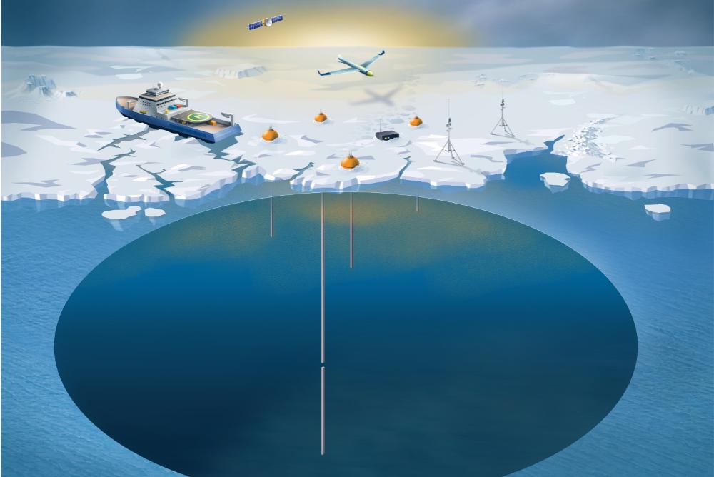 Digital Sea Ice showing illustration of boat in the Arctic on icey water. 